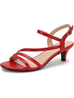 Women's Red PU Low Kitten Heels Open Toe Heel Buckle Ankle Strap Sandals